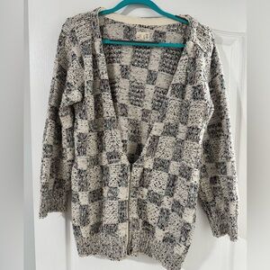 Urban Renewal Chunky Knit Deep V-Neck Zipper Checkered Cardigan